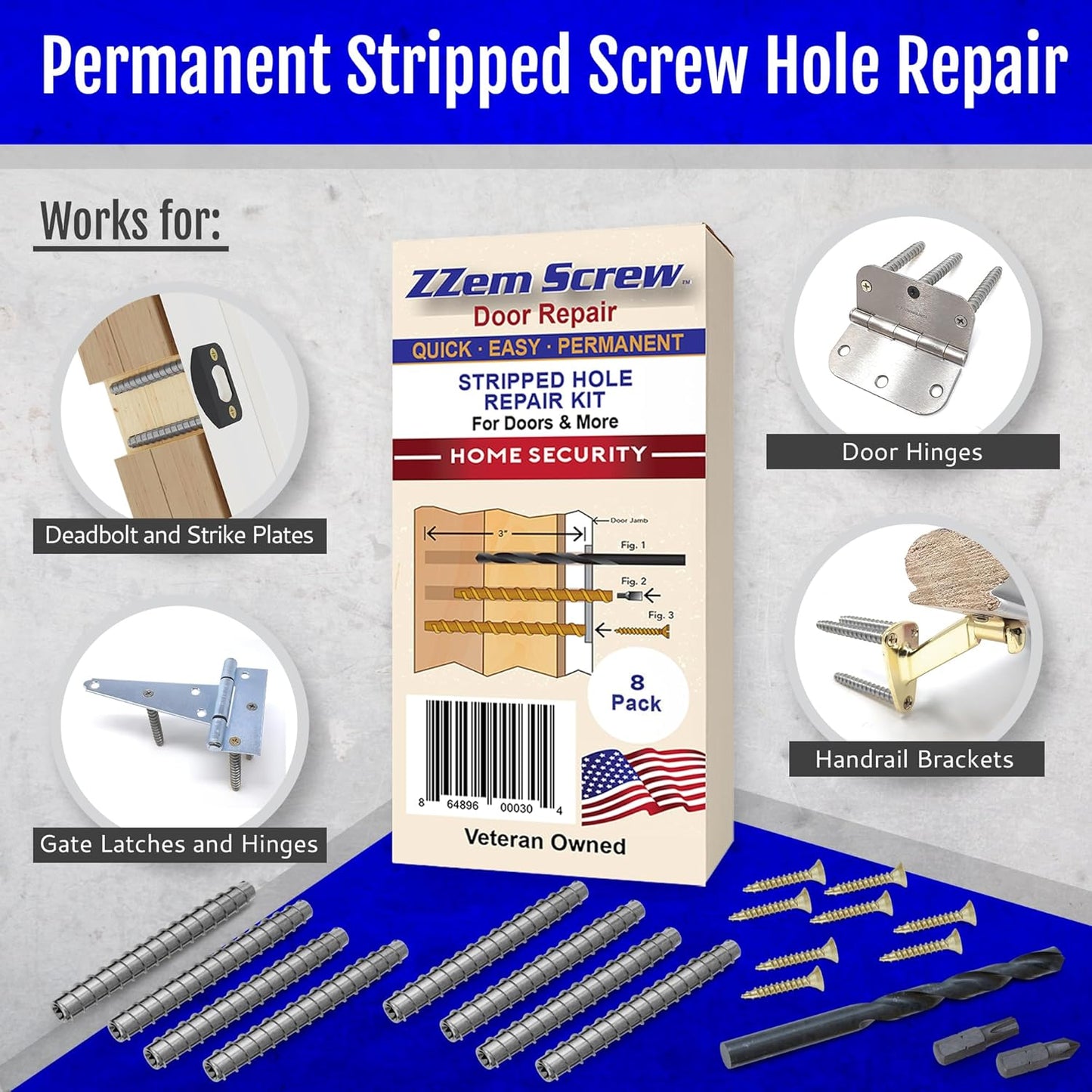 4-Pack #9 x 3 Permanent Stripped Door Hinge Screw Hole Repair Kit | Reinforces hinges, strike plates and door jambs. Installs in minutes. Made in USA