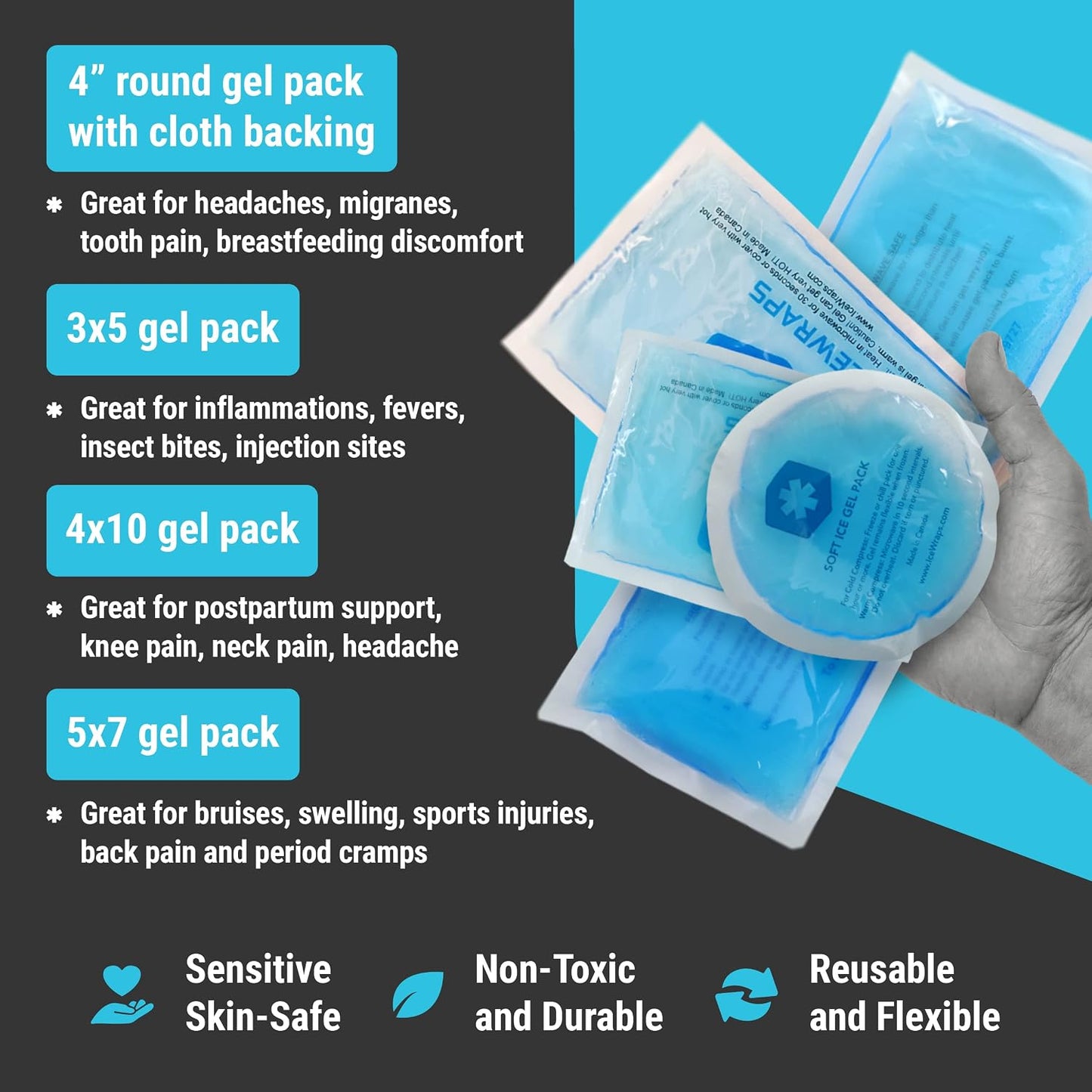 ICEWRAPS Reusable Ice Packs Compact in 4 Sizes, Soft Cooling Pack 7 Pack | Hot or Cold Use, Puncture Resistant, Flexible Ice Pack for Everyday Comfort, Multipurpose Gel Design, FSA-HSA Eligible