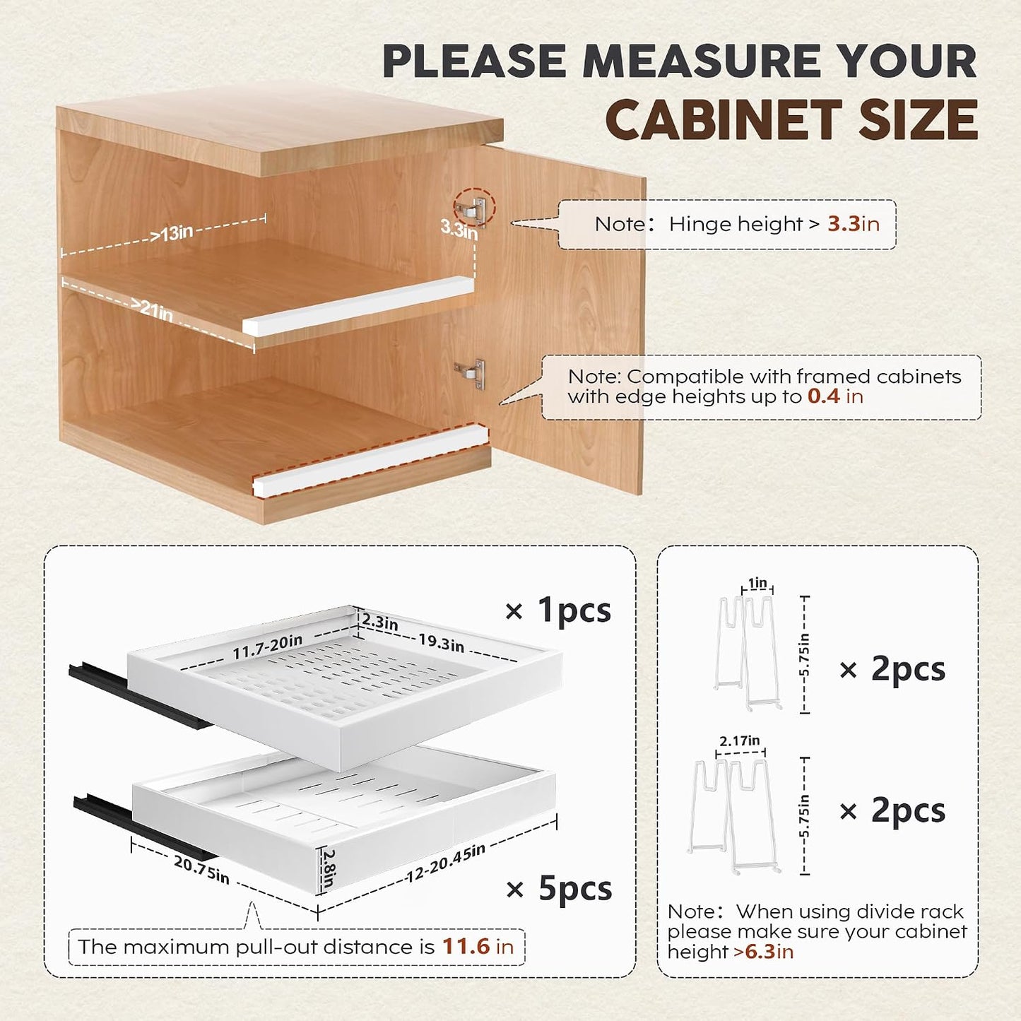 Seinloes 2 Pack Pull Out Cabinet Organizers 21"Deep with Raising Pad for Framed Cabinets,Expandable Slide Out Drawers Upgrade 3 Slide Rails,Roll Out Shelves Adhesive,Adjustable Width 12"-20.45" White