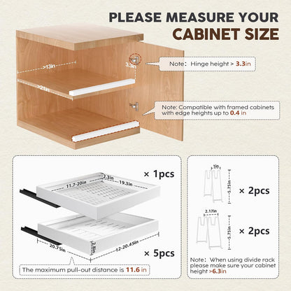 Seinloes 2 Pack Pull Out Cabinet Organizers 21"Deep with Raising Pad for Framed Cabinets,Expandable Slide Out Drawers Upgrade 3 Slide Rails,Roll Out Shelves Adhesive,Adjustable Width 12"-20.45" White
