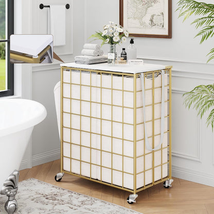 90L Laundry Basket with Wheels, Large Capacity Laundry Hamper with Removable Liner Bags, Heavy Duty Laundry Sorter with Solid Wood Lid & Leather Handles, Grey