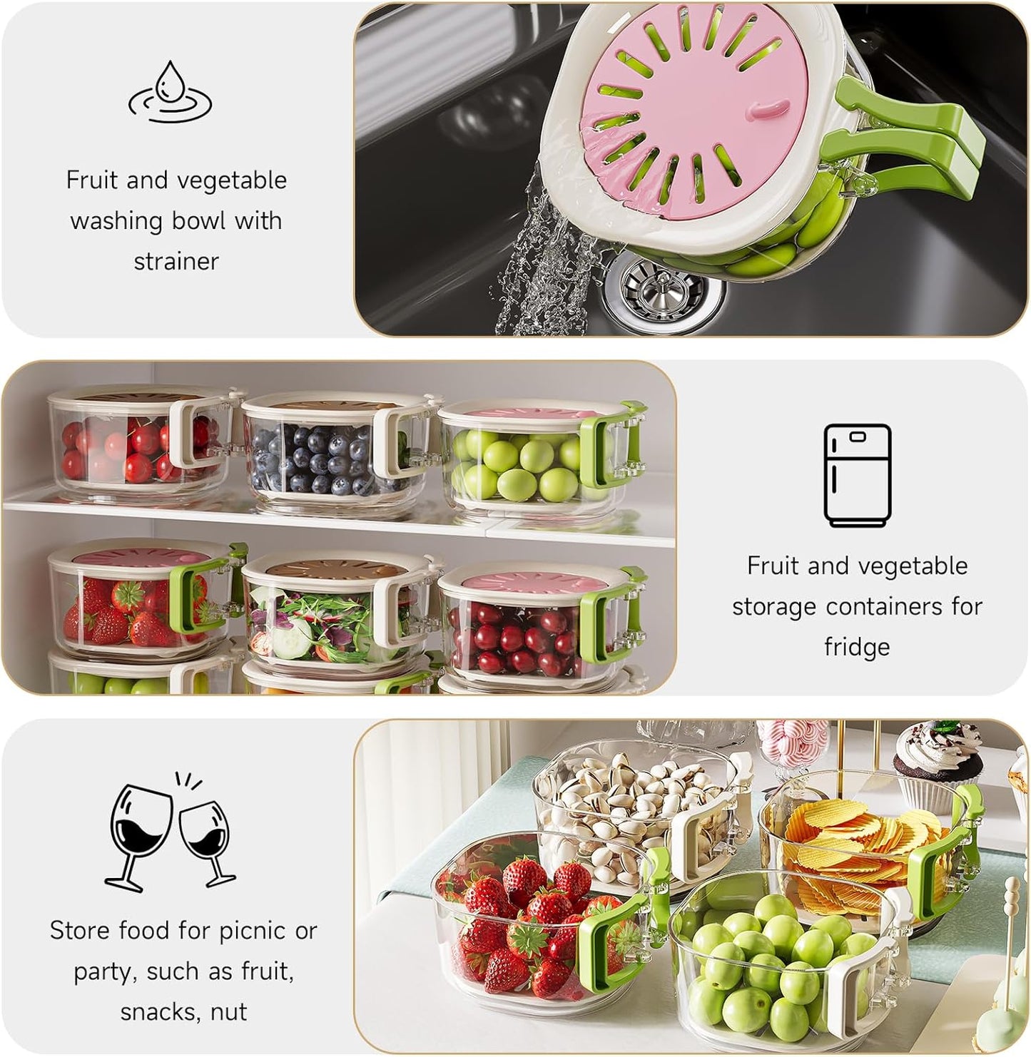Fruit Vegetable Washing Bowl with Strainer, Multifunctional, Berry Lettuce Keeper for Fridge Refrigerator Organization, Portable Colander for Kitchen, Drainer Container With Lid, 2 Pack (Mix)