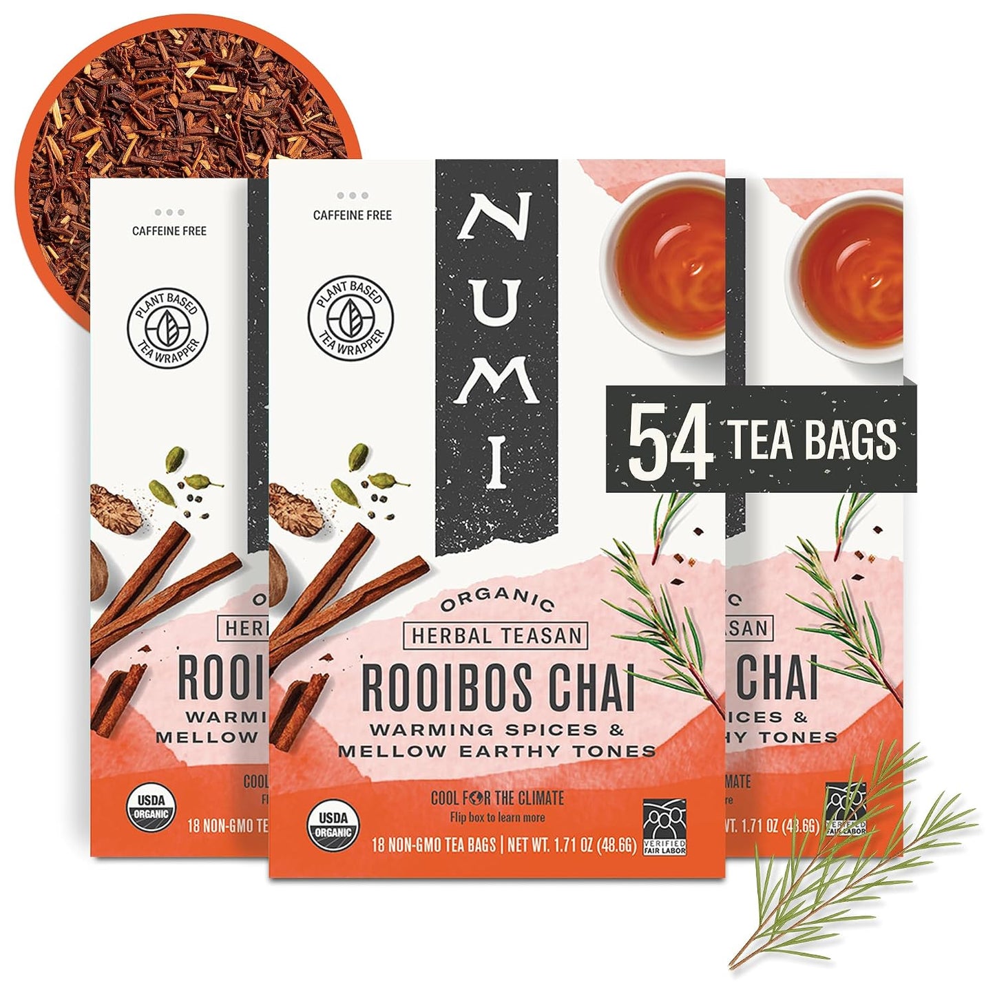 Numi Organic Rooibos Chai Tea, 18 Herbal Bags, Microplastic Free, Rich Flavor with Cinnamon, Allspice & Ginger, Caffeine Free