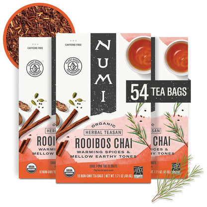 Numi Organic Rooibos Chai Tea, 18 Herbal Bags, Microplastic Free, Rich Flavor with Cinnamon, Allspice & Ginger, Caffeine Free