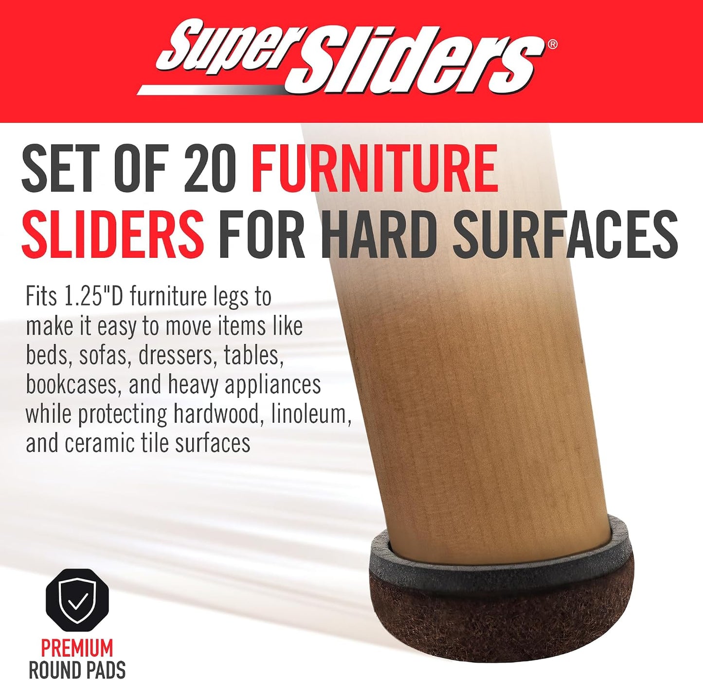 Super Sliders Secure Grip Formed Felt Movers for Furniture to Protect Hard Surfaces, 1.5", Walnut Brown (4 Pack)