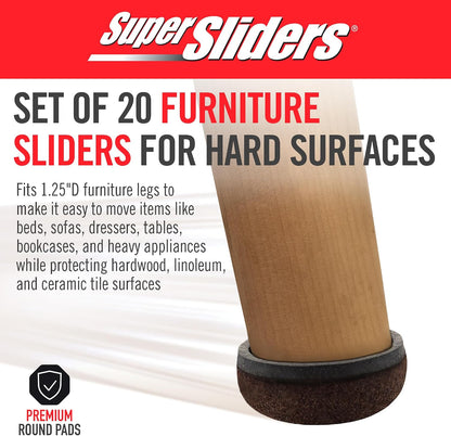 Super Sliders Secure Grip Formed Felt Movers for Furniture to Protect Hard Surfaces, 1.5", Walnut Brown (4 Pack)