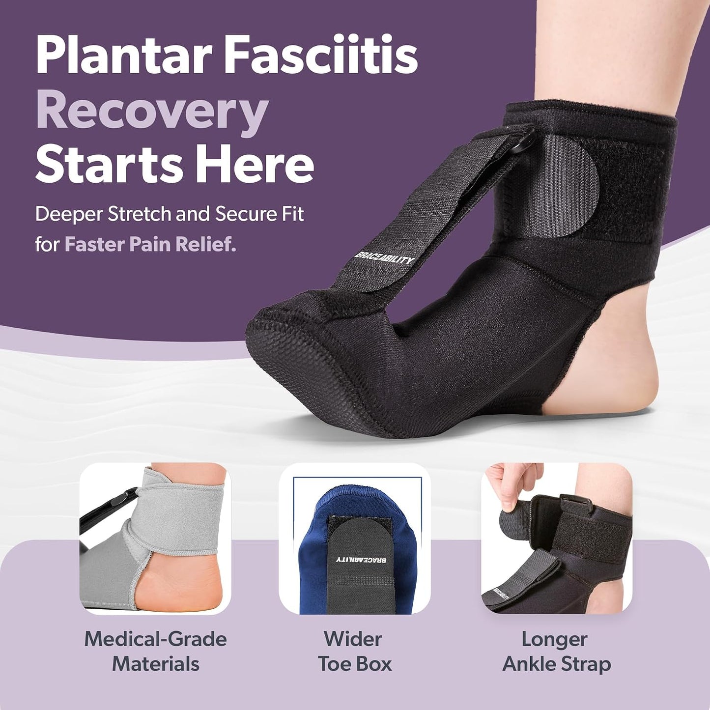 BraceAbility Plantar Fasciitis Night Splint Sock - Plantar Fascia Boot for Sleeping, Achilles Tendonitis Relief, Foot Drop, Heel Pain - Planter Facetious Brace for Women and Men - Gray (L)