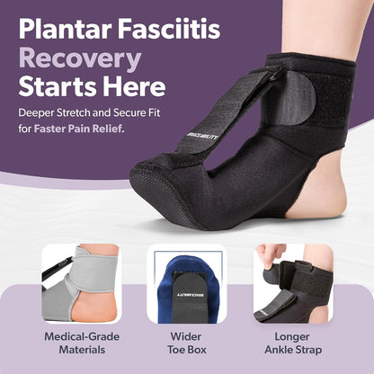 BraceAbility Plantar Fasciitis Night Splint Sock - Plantar Fascia Boot for Sleeping, Achilles Tendonitis Relief, Foot Drop, Heel Pain - Planter Facetious Brace for Women and Men - Gray (L)