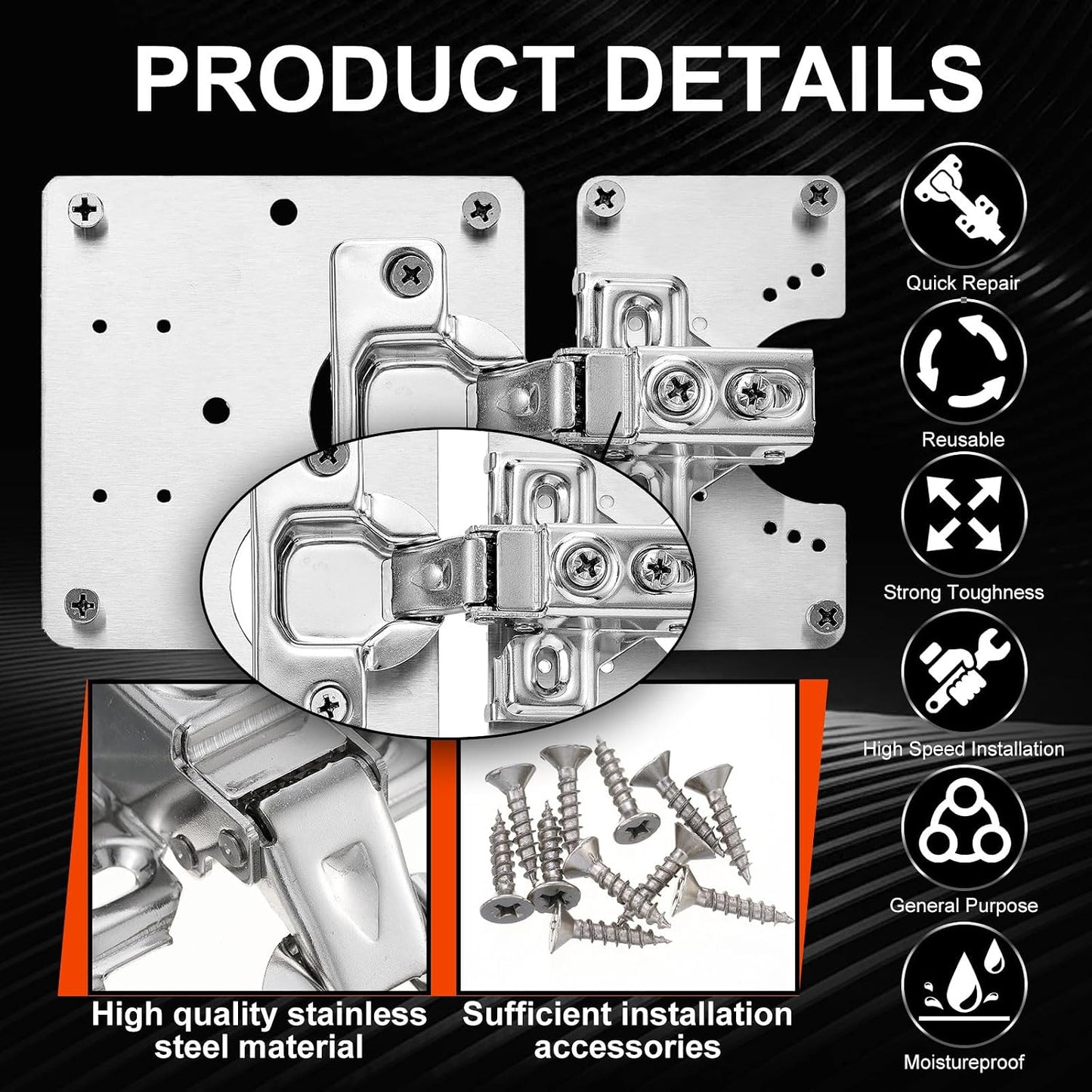 Zonon 18 Pcs Cabinet Hinge Repair Plate, Stainless Steel Hinge Repair Kit, Kitchen Cupboard Door Brackets, Household Fixing Plate with Mounting Screw (18 Service Panel+6 Hinges+108 Screws)