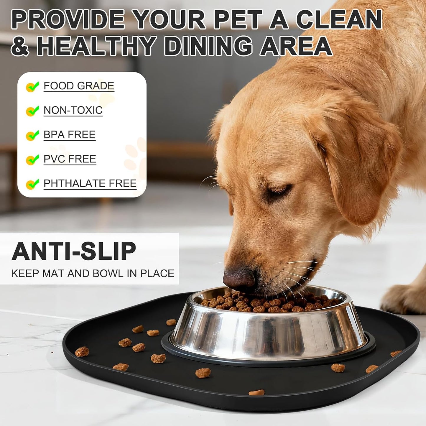 SMILOOL Waterproof Silicone Pet Food Mat with Raised Edge for Dog & Cat | 19" x 12" Non-Slip Pet Feeding Mats with Lip for Food & Water Bowl, Food Grade, Easy Cleaning, Black