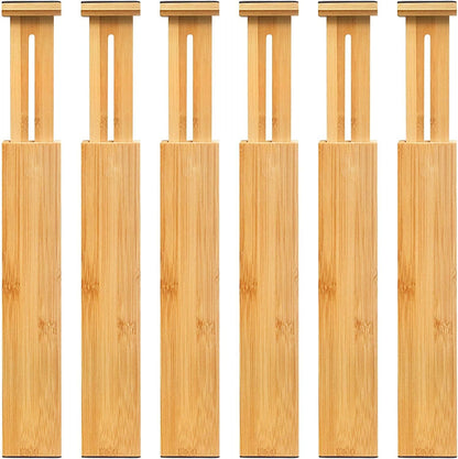 VaeFae 6-Pack Adjustable Bamboo Drawer Dividers, Expandable Drawer Organizer for Kitchen Utensils, Clothes, Bathroom, Office – Fits Drawer Interiors 16.6" to 21.8"