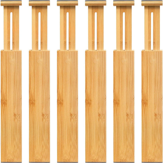 VaeFae 6-Pack Adjustable Bamboo Drawer Dividers, Expandable Drawer Organizer for Kitchen Utensils, Clothes, Bathroom, Office – Fits Drawer Interiors 16.6" to 21.8"