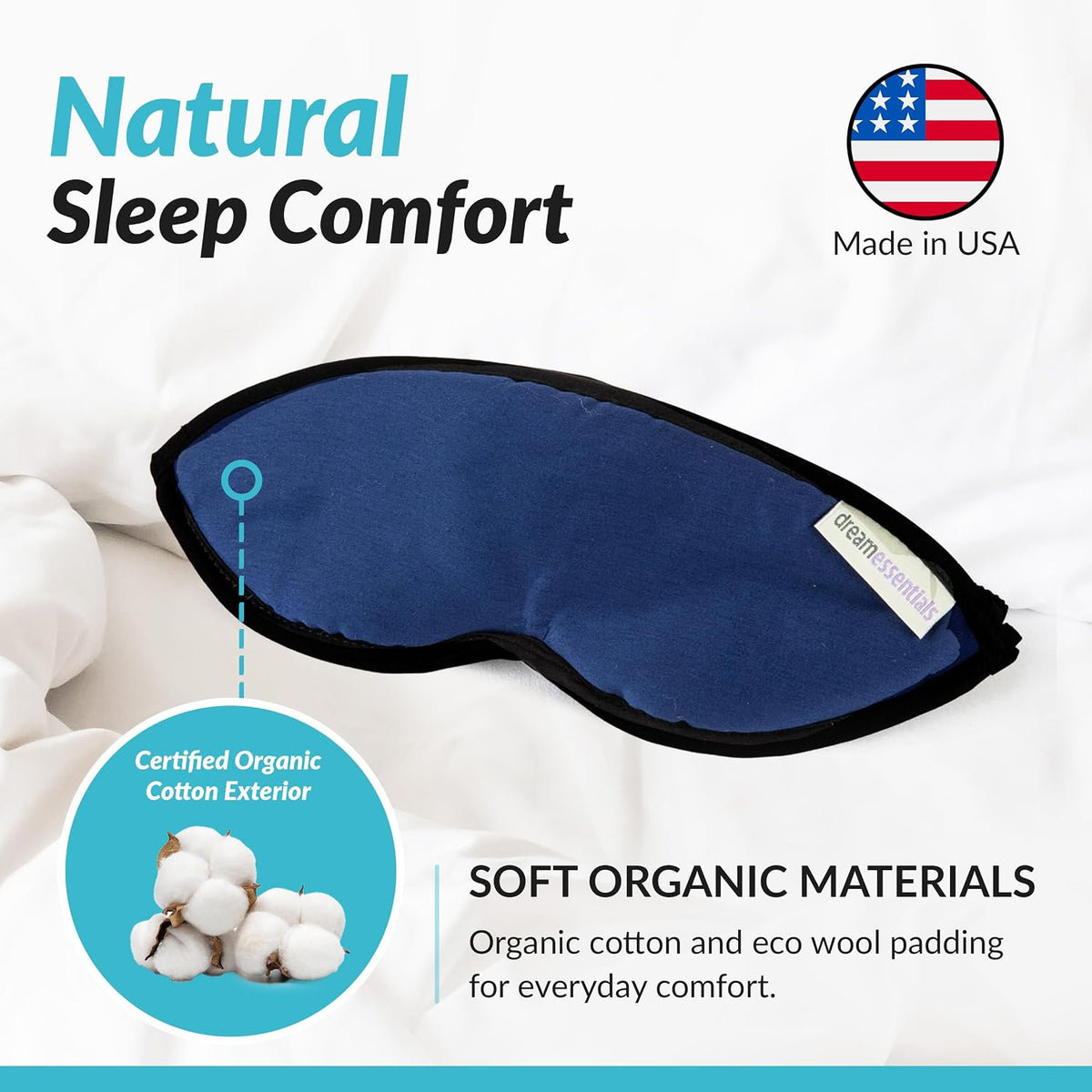 Dream Essentials Natura Organic Cotton Sleep Mask | Twilight Blue | Eye Mask for Sleeping, Light Blocking Soft Sleep Eye Cover with Eco Wool Padding | Made in USA Travel Accessories