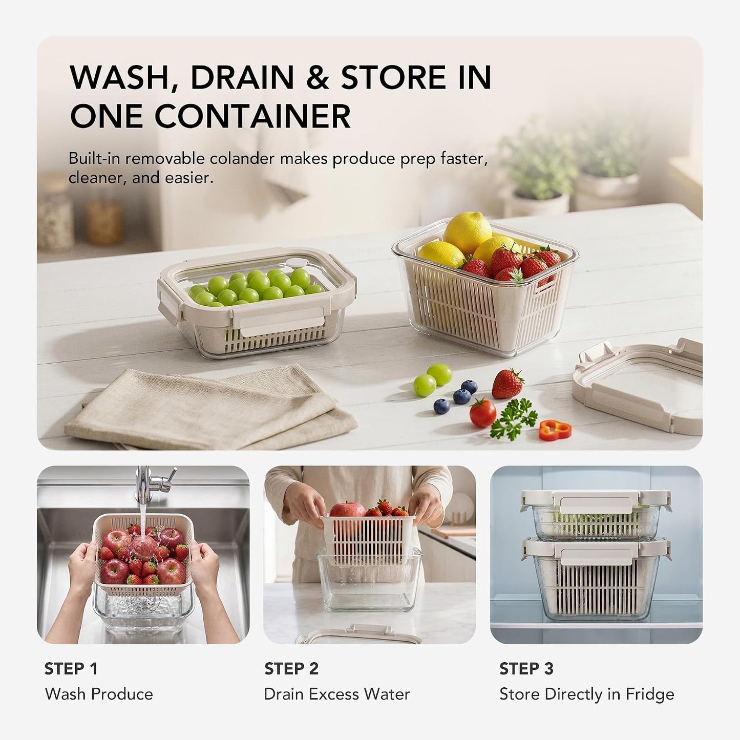 Glass Produce Storage Containers for Fridge, 2-Pack – Airtight Fruit & Vegetable Containers with Removable Colanders, Flexible Silicone Lids,LeakProof, BPA-Free Borosilicate Glass