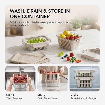 Glass Produce Storage Containers for Fridge, 2-Pack – Airtight Fruit & Vegetable Containers with Removable Colanders, Flexible Silicone Lids,LeakProof, BPA-Free Borosilicate Glass