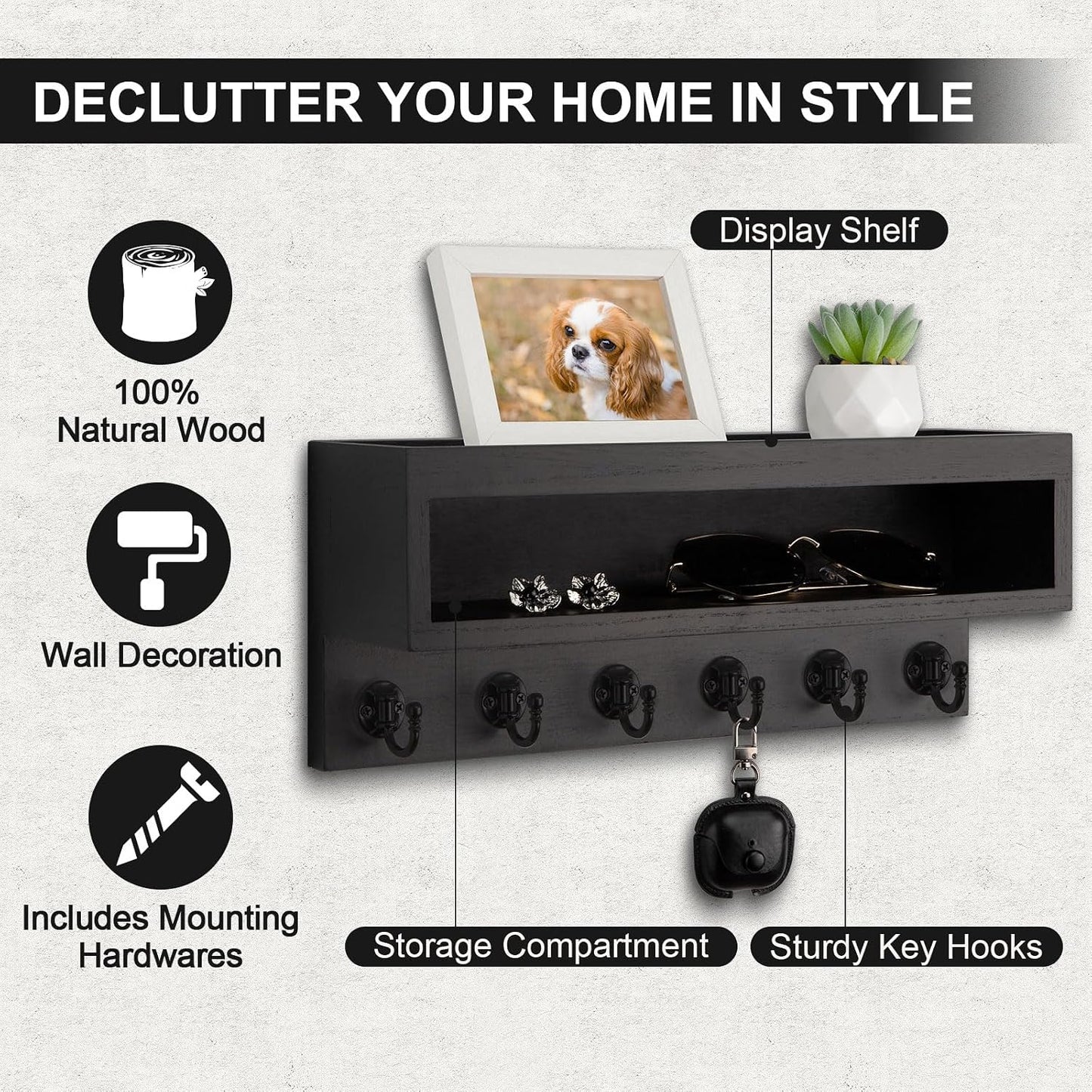 Key and Mail Holder Wall Mount with Long Storage Box and 6 Hooks | Key Holder For Coat, Dog Leash, Home Decor Rack, Entry Way Organizer
