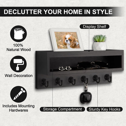 Key and Mail Holder Wall Mount with Long Storage Box and 6 Hooks | Key Holder For Coat, Dog Leash, Home Decor Rack, Entry Way Organizer