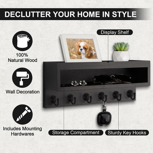 Key and Mail Holder Wall Mount with Long Storage Box and 6 Hooks | Key Holder For Coat, Dog Leash, Home Decor Rack, Entry Way Organizer