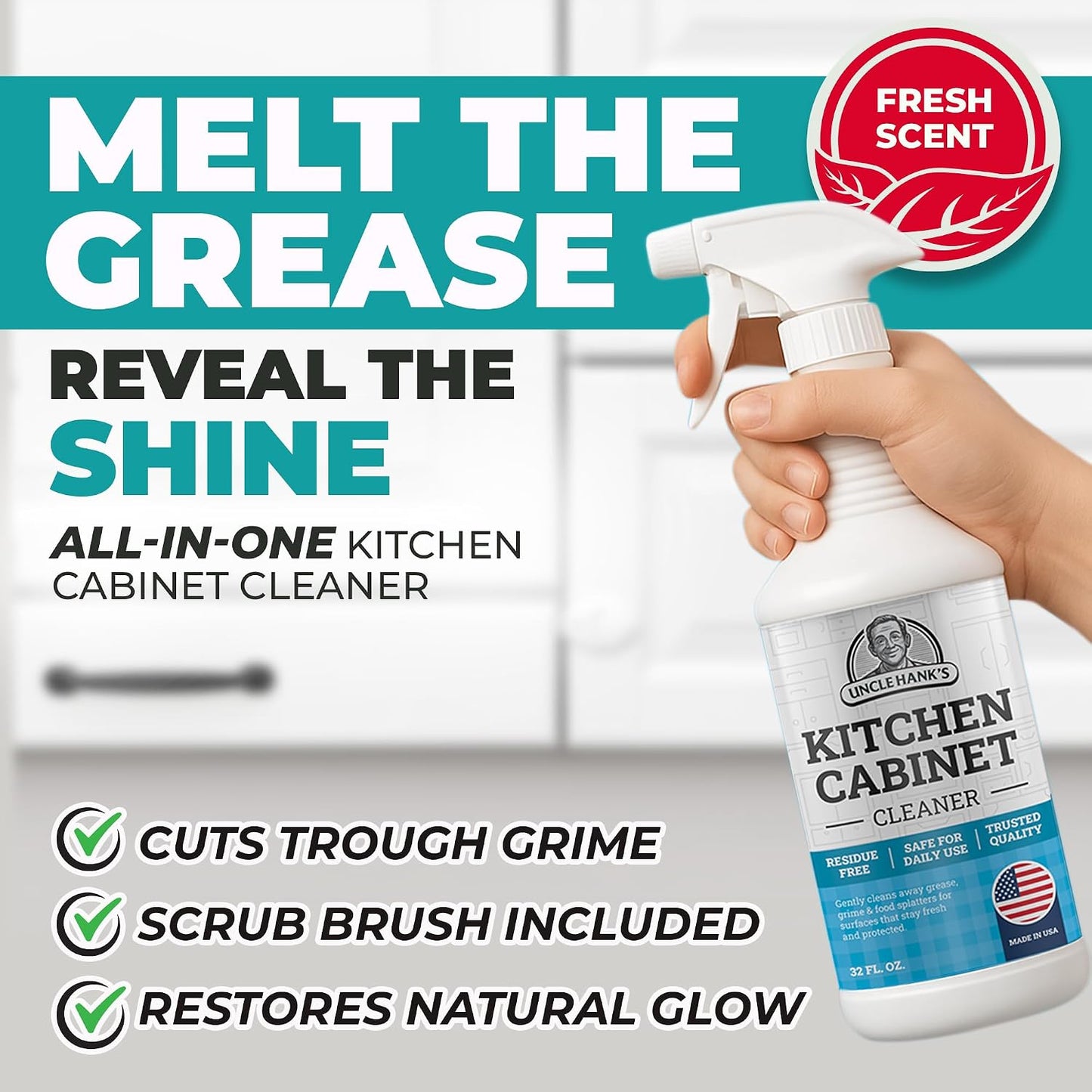 Kitchen Cabinet Cleaner – Gentle, Residue-Free and Effective Everyday Degreaser & Grime Remover for Wood, Painted and Finished Furniture - Complete with Cleaning Brush & Cabinet Cleaner Spray 32oz