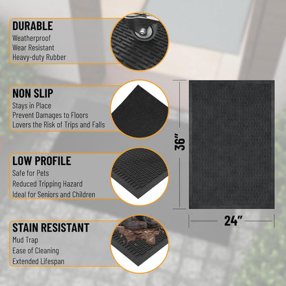 Ottomanson Heavy Duty Rubber Floor Mat – Non-Slip, Waterproof, Easy to Clean – Boot Tray Utility Mat for Shoes, Boots, Entryway, or Pet Feeding Area – Durable, Hose Washable – 16" x 32", Black