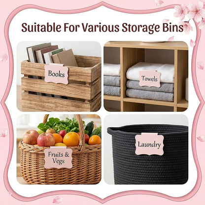 12 PCS Basket Labels Clip On, Removable Clip on Labels for Storage Bins, Plastic Bin Clips with 2 Whiteboard Markers for Organizing Baskets Cube Box (Pink)