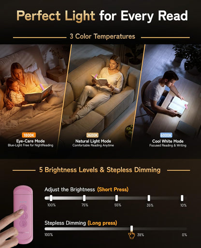 HIONXMGA Book Light Rechargeable, Eye-Care Clip on Reading Light for Books in Bed, 3 Color & Stepless Dimming, 140H Long Lasting Book Lights for Reading at Night, Gifts for Book Lovers(Black)