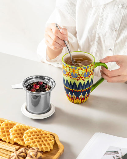 vancasso 18 Oz Tea Infuser Mug with Lid, Mint Petal Whirl | Eye catching Bohemian pattern, adds charm to any tea corner, ceramic mug with infuser, microwave and dishwasher safe