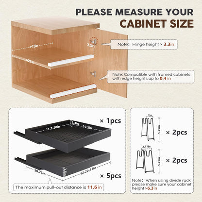 Seinloes 2 Pack Pull Out Cabinet Organizers 21"Deep with Raising Pad for Framed Cabinets,Expandable Slide Out Drawers Upgrade 3 Slide Rails,Roll Out Shelves Adhesive,Adjustable Width 12"-20.45" White