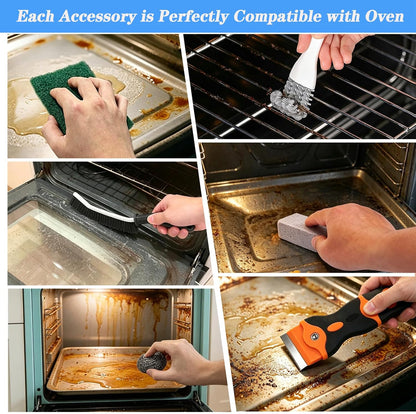 Heavy Duty Oven Cleaner Tools, 12 Pcs Oven Cleaning Accessories, Oven Cleaning Kit with Crevice Cleaning Brush, Razor Blade Scraper, Steel Wool Scrubber, Scrub Sponges, Pumice Stone, Cleaning Rags