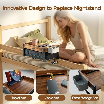 Bedside Shelf for Dorm Room, 2 Tier On Bed Side Table Loft Shelf for Bunk Bed, Bedside Tray with Cable Management, Under Mattress Bedside Shelf, Back to School