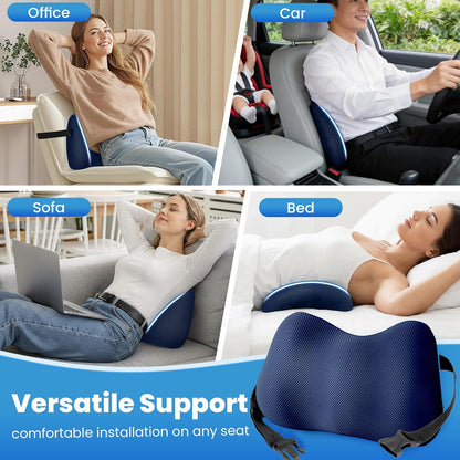 Lumbar Support Pillow, Memory Foam Back Cushion for Office Chair Car, Black | Ergonomic Lower Back Support with Adjustable Strap, Breathable Removable Cover for Couch, Wheelchair and Daily Comfort