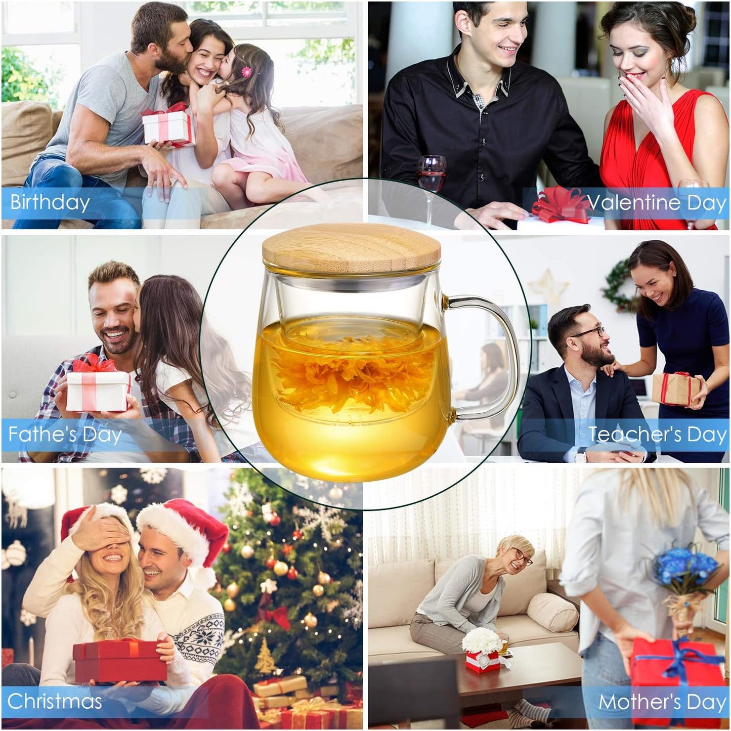 15oz Clear Glass Tea Cup with Infuser and Lid for Blooming & Loose Leaf Tea | with Handle, Borosilicate, Heat Resistance, Lead-free, Microwave & Dishwasher Safe, Gifts Box Include, A