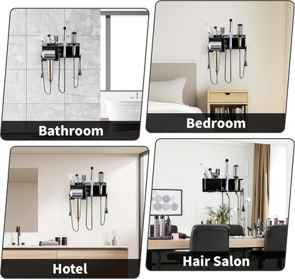 Hair Dryer Holder, Hair Tool Organizer Wall Mount, Adhesive or Drill, White | Blow Dryer Holder for Dryer Hook, Straightener Curling Irons Hairdryer Hair Appliance Hanger for Salon Bathroom Wall Storage