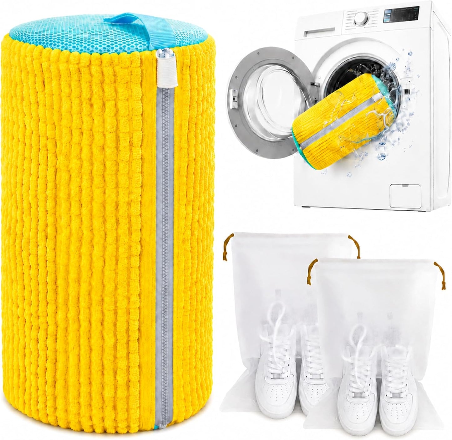 Reusable Shoe Washing Bag, 2-Pack Chenille Laundry Bag for Washer & Dryer. | Soft chenille fibers help deep clean sneakers while the hidden zipper keeps shoes secure and helps protect your washer.