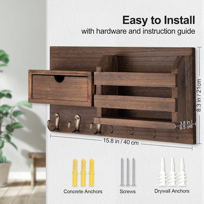 Lwenki Wall Mount Key Holder with Mail Organizer, 100% Paulownia Wood, 7 Metal Hooks, Storage Drawer, Entryway Home Decor (Brown)