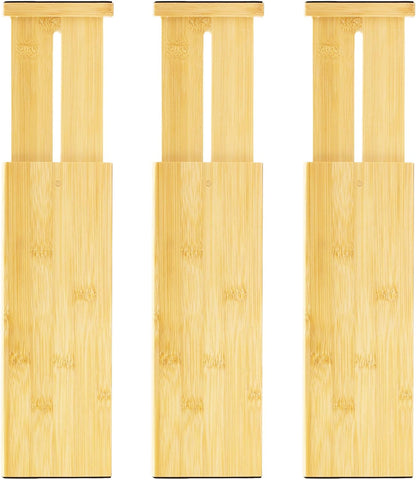 VaeFae 6-Pack Adjustable Bamboo Drawer Dividers, Expandable Drawer Organizer for Kitchen Utensils, Clothes, Bathroom, Office – Fits Drawer Interiors 16.6" to 21.8"