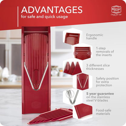 Borner Mandoline Food Slicer V1 (Basic Set) by Reston Lloyd • V-Slicer with Food Holder • Made in Germany • Fruit & Vegetable Chopper • Multiple Settings • Color: Red