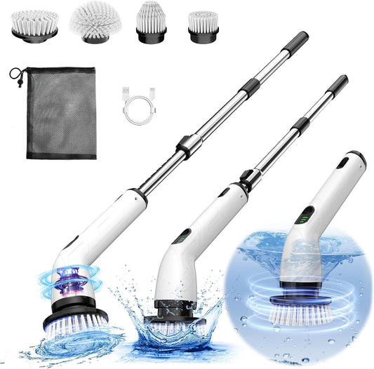 Electric Spin Scrubber, Full-Body IPX7 Waterproof Bathroom Scrubber,4 Replacement Head for Adjustable Extension Handle Electric Cleaning Brush for Bathroom, Tub, Tile