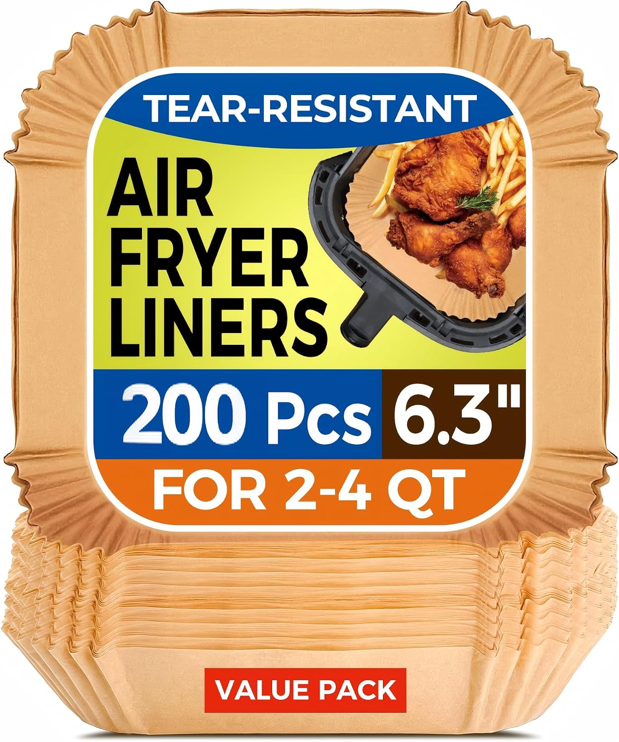Vailnd Air Fryer Paper Liners, 200pcs Air Fryer Liners Disposable 8" Square | Baking Paper Liner for 5-8 qt Airfryer Basket, Non-stick and Oil Proof Parchment Paper for Oven, Pans & Baking