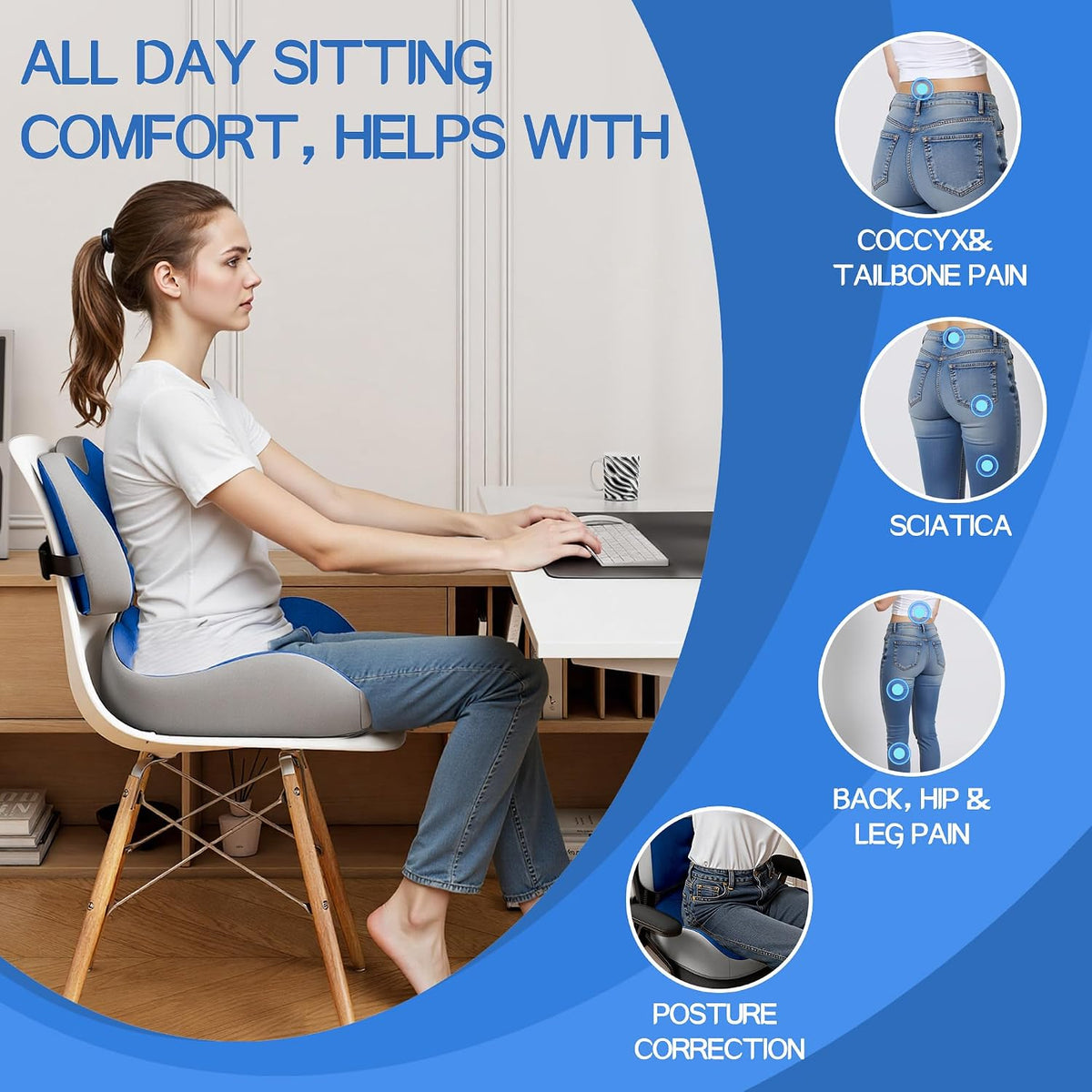 Benazcap Large Memory Foam Seat Cushion Lumbar Support Pillow for Sciatica & Tailbone Pressure Relief Coccyx Pad for Office Chair, Wheelchair, Car, Home, Office, Blue