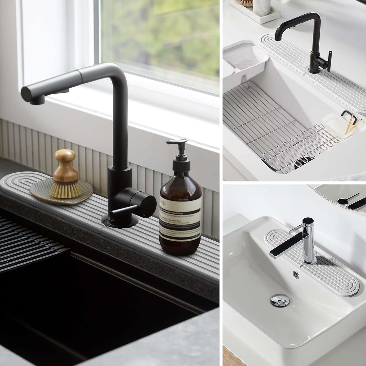 Stone Faucet Mat for Kitchen Sink – Diatomite Fast-Drying Stone Tray, Faucet Mat Sink Splash Guard, Decorative Sink Protector for Kitchen Bathroom Counter (Light Grey, 20''x3.9'')