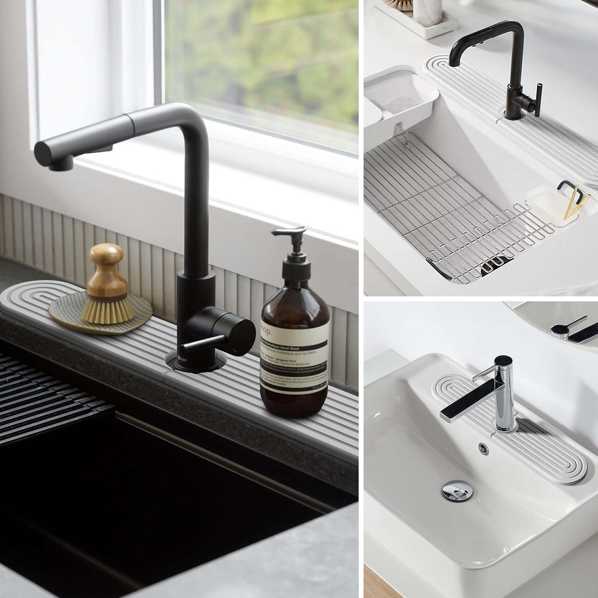 Stone Faucet Mat for Kitchen Sink – Diatomite Fast-Drying Stone Tray, Faucet Mat Sink Splash Guard, Decorative Sink Protector for Kitchen Bathroom Counter (Light Grey, 20''x3.9'')