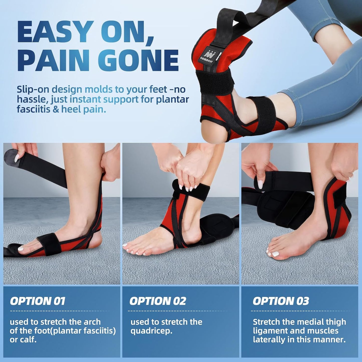 Foot and Calf Stretcher Stretching Strap For Plantar Fasciitis, Heel Spurs, Foot Drop, Achilles Tendonitis & Hamstring. Yoga & Leg Stretch Strap. (Red)