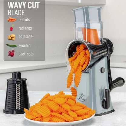 Zulay Kitchen Rotary Cheese Grater 5 Blade Cheese Shredder - Manual Hand Crank Cheese Grater With Reinforced Suction & 5 Interchangeable Drums - Easy to Use, Vegetable Chopper Round Mandoline Slicer - Colors A