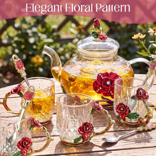 5 Pcs Floral Glass Tea Set with Teapot and Infuser, 14 oz Vintage Flower Teapot with 4 Rose Enamel Cups 3 oz and Spoons, Tea Party Set, Gift for Women Mom Grandma