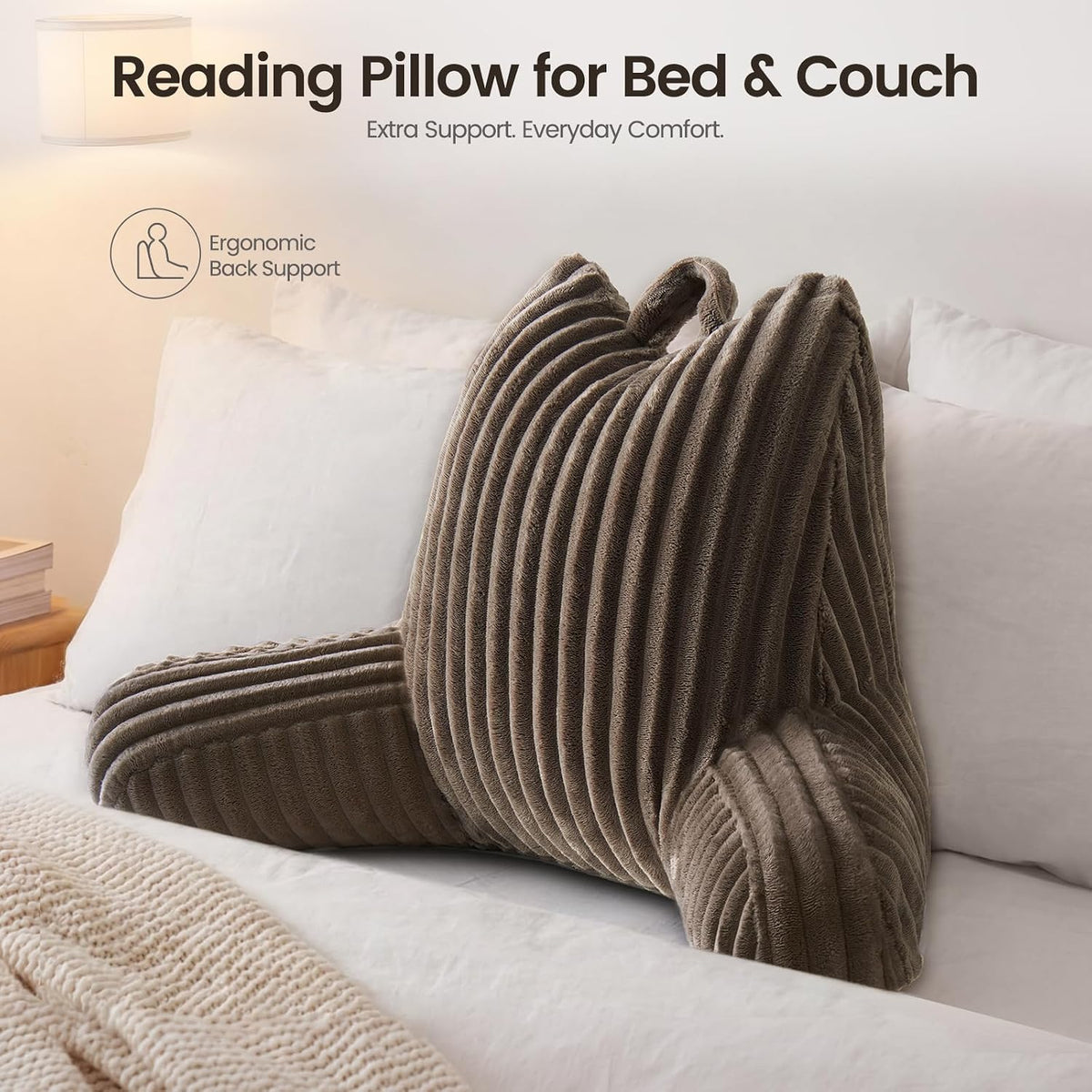 Reading Pillow for Sitting up in Bed, Adjustable Memory Foam Bed Rest Pillow, Wide-wale Plush Cover Machine Washable, Neck Back and Lumbar Support Pillow-Grey
