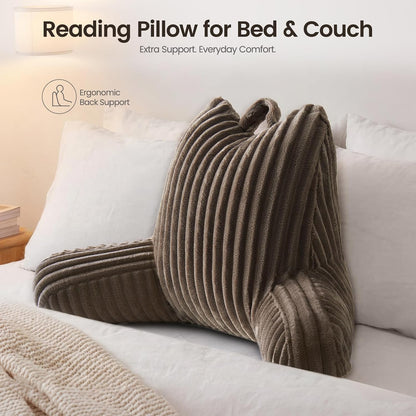 Reading Pillow for Sitting up in Bed, Adjustable Memory Foam Bed Rest Pillow, Wide-wale Plush Cover Machine Washable, Neck Back and Lumbar Support Pillow-Grey