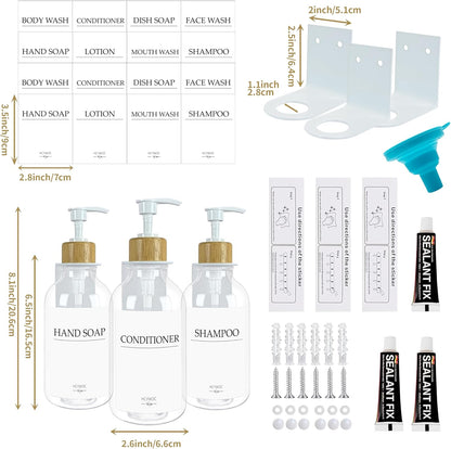 3 Pack Wall Mount Shower Dispenser, No Drill, 16 Waterproof Labels | Shampoo Dispenser for Shower Wall, Shampoo and Conditioner Dispenser, Bathroom, 17oz, Gold Amber