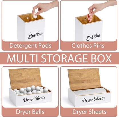 FJO 2 Pack Magnetic Lint Bin 10’’ x 7’’ and Dryer Sheet Holder 8’’ x 5’’ | Wall Mounted Bamboo Wood Trash Can Compact Size Laundry Room Accessories Supplies