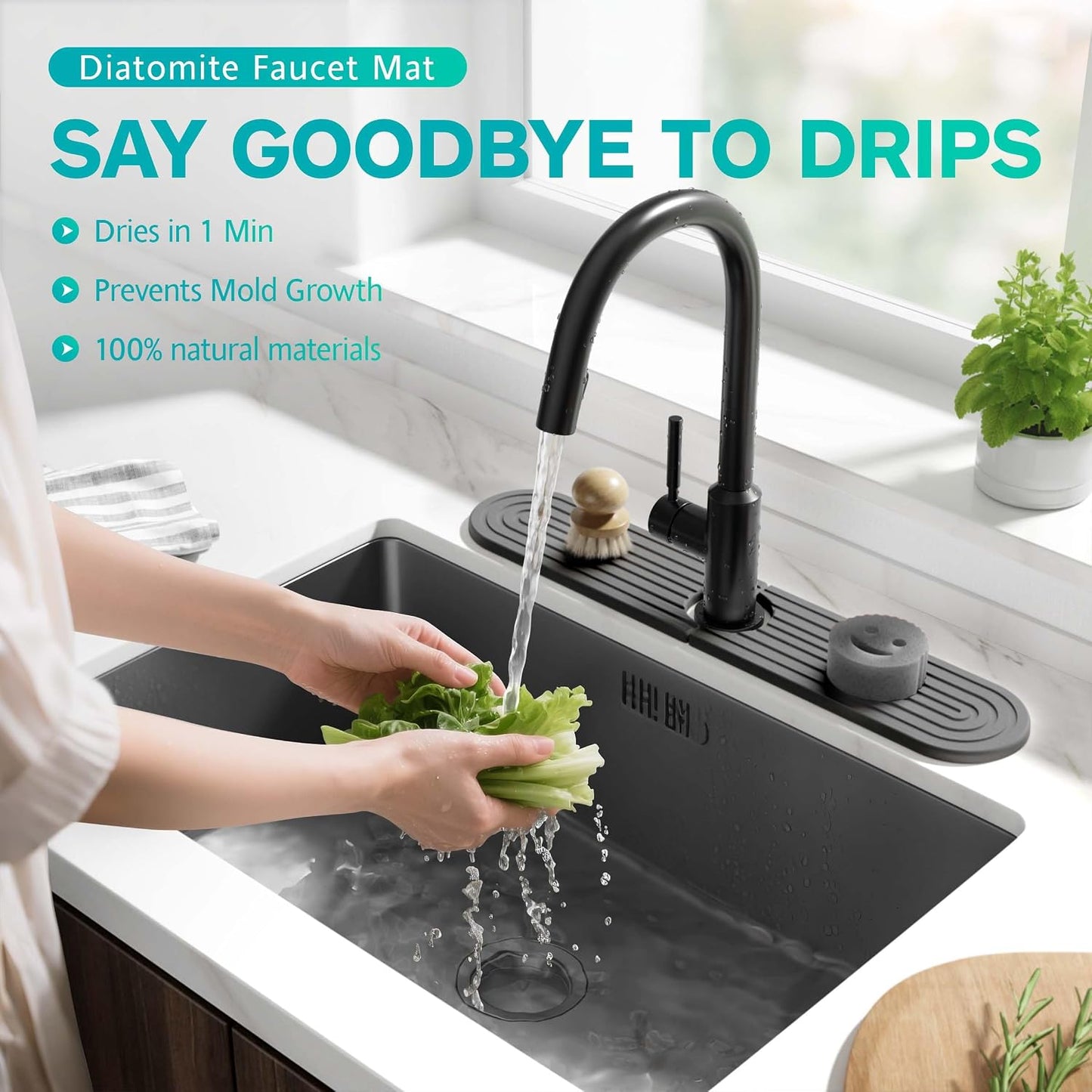 Stone Faucet Mat for Kitchen Sink – Diatomite Fast-Drying Stone Tray, Faucet Mat Sink Splash Guard, Decorative Sink Protector for Kitchen Bathroom Counter (Light Grey, 20''x3.9'')